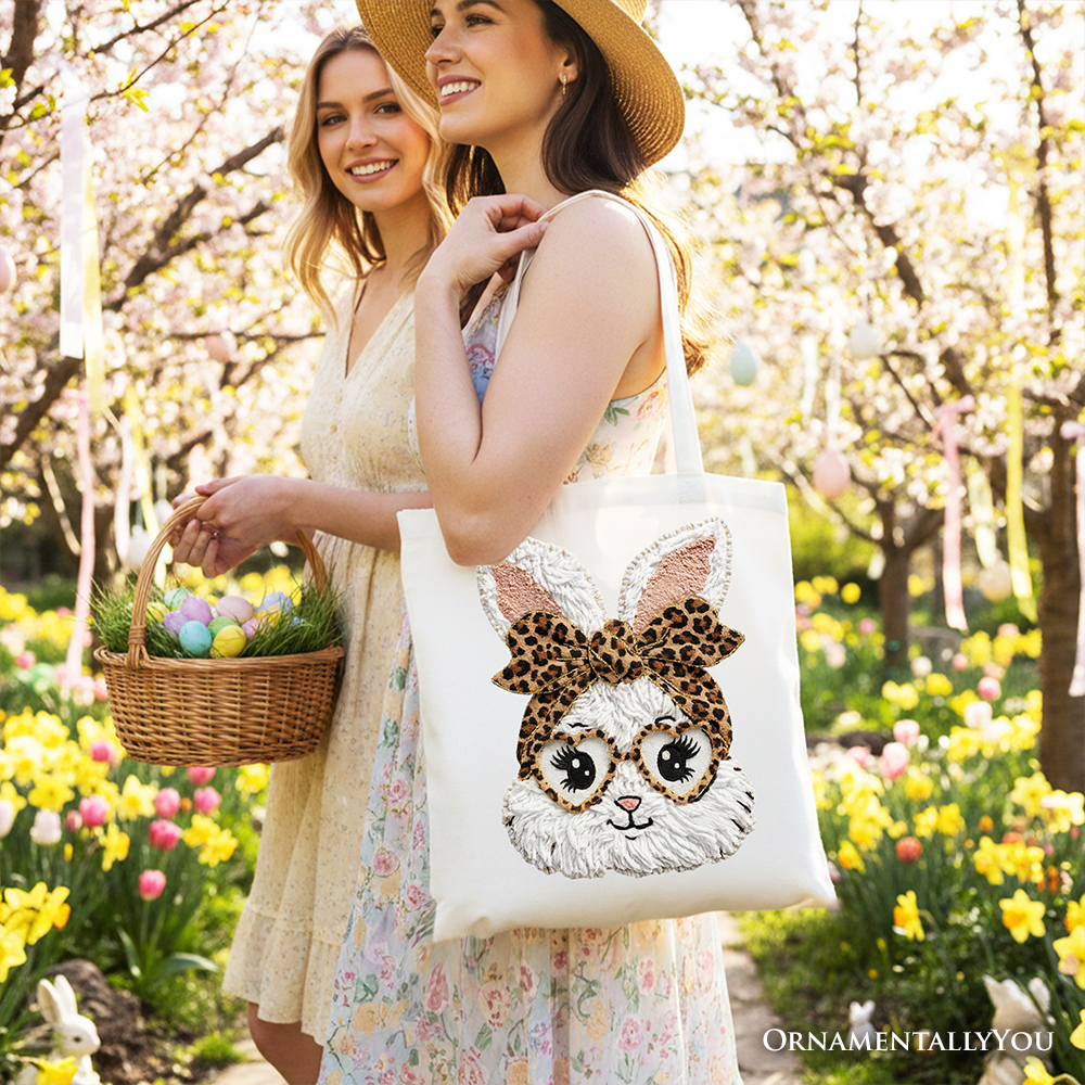 Easter Bunny Leopard Bow Tote Bag, Coquette Printed Faux Embroidery Girly Spring Gift Shopper