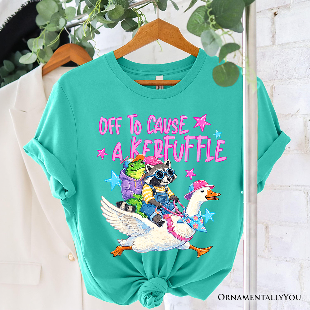 Off To Cause A Kerfuffle T-Shirt, Frog Raccoon Goose Funny Animal Tee