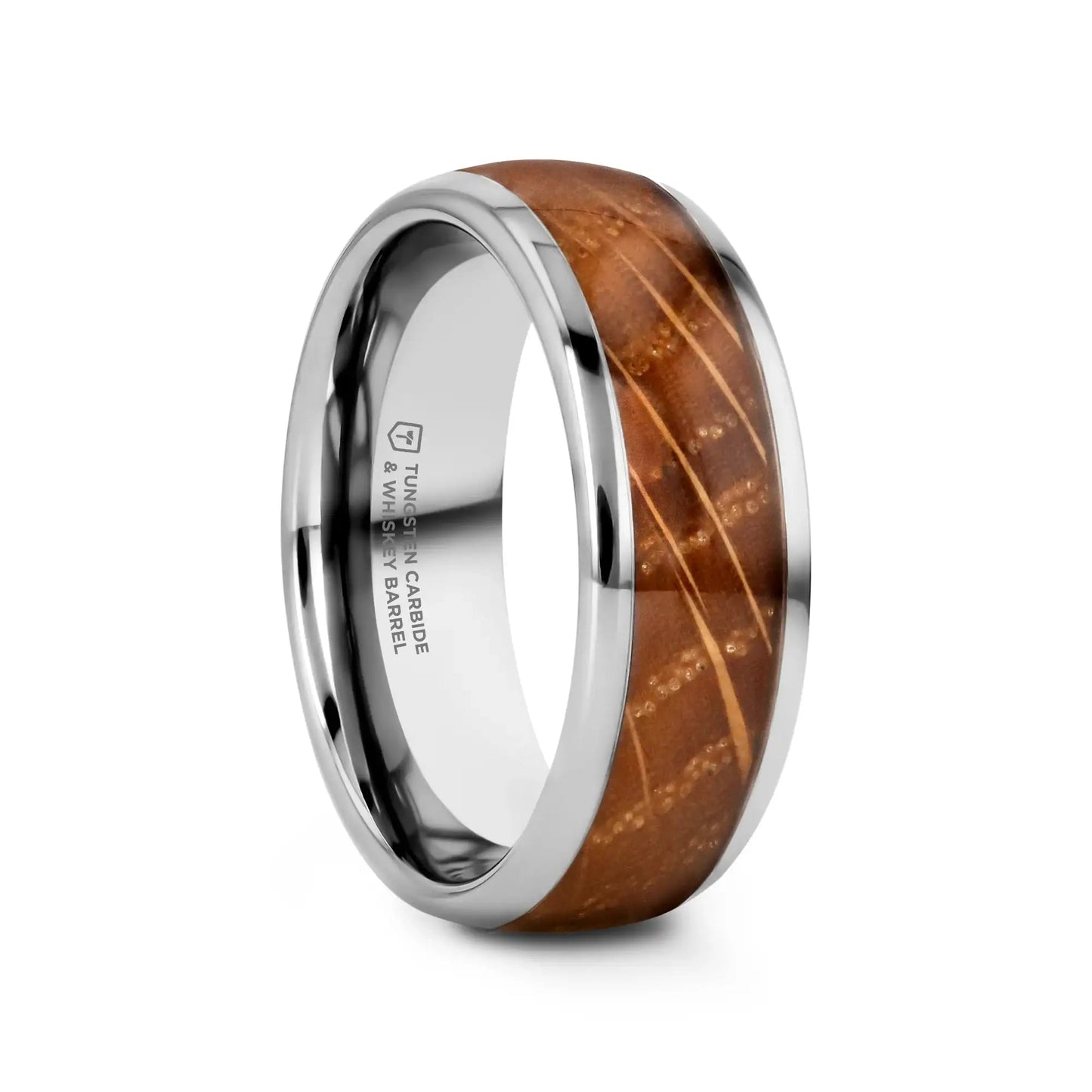FORMENT Whiskey Barrel Inlaid Tungsten Men's Wedding Band With Domed Polished Edges Made From Genuine Whiskey Barrels - 8mm