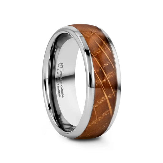 FORMENT Whiskey Barrel Inlaid Tungsten Men's Wedding Band With Domed Polished Edges Made From Genuine Whiskey Barrels - 8mm