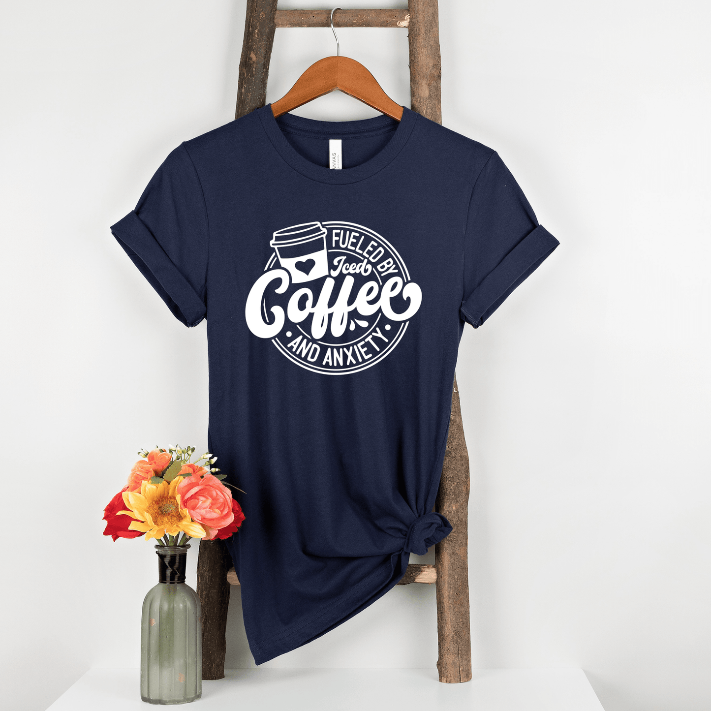 Fueled By Iced Coffee & Anxiety | White Design | Adult T-Shirt