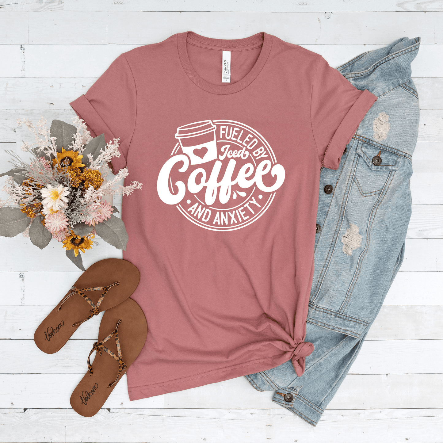Fueled By Iced Coffee & Anxiety | White Design | Adult T-Shirt