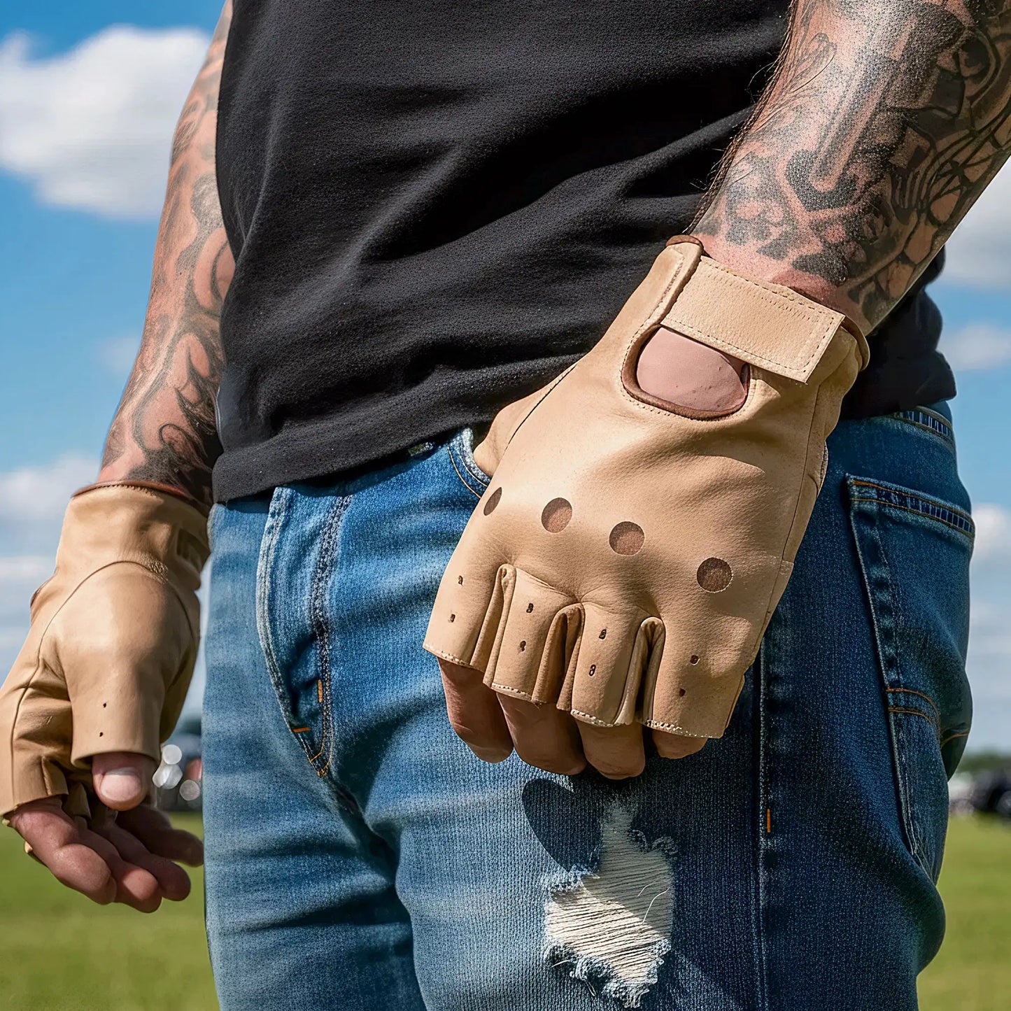 Hot Leathers GVM1005 Brown Unlined Fingerless Leather Gloves with Padded Palm