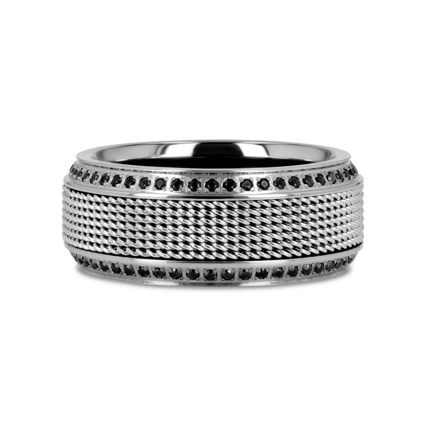 GAUNTLET Steel Chain Titanium Wedding Ring Polished Beveled Edges Set with Round Black Diamonds - 10mm