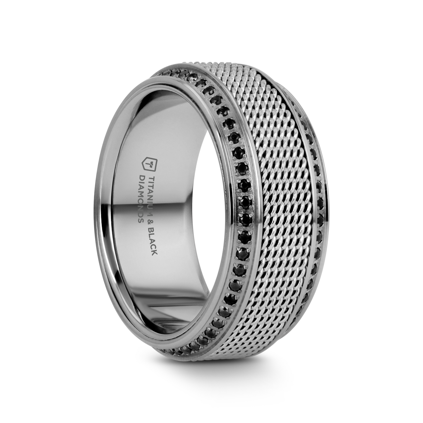 GAUNTLET Steel Chain Titanium Wedding Ring Polished Beveled Edges Set with Round Black Diamonds - 10mm