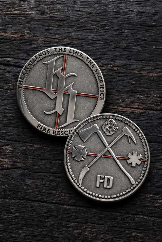 The Challenge, The Line, The Sacrifice. Thin Red Line Fire Rescue Challenge Coin