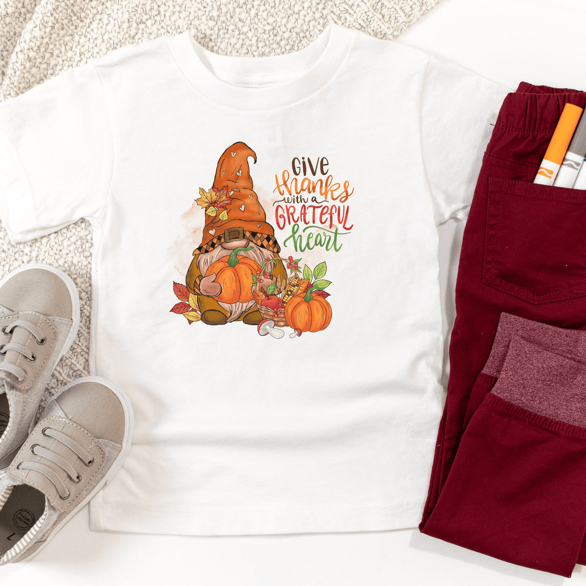 Give Thanks with a Grateful Heart Gnome Kids T-Shirt