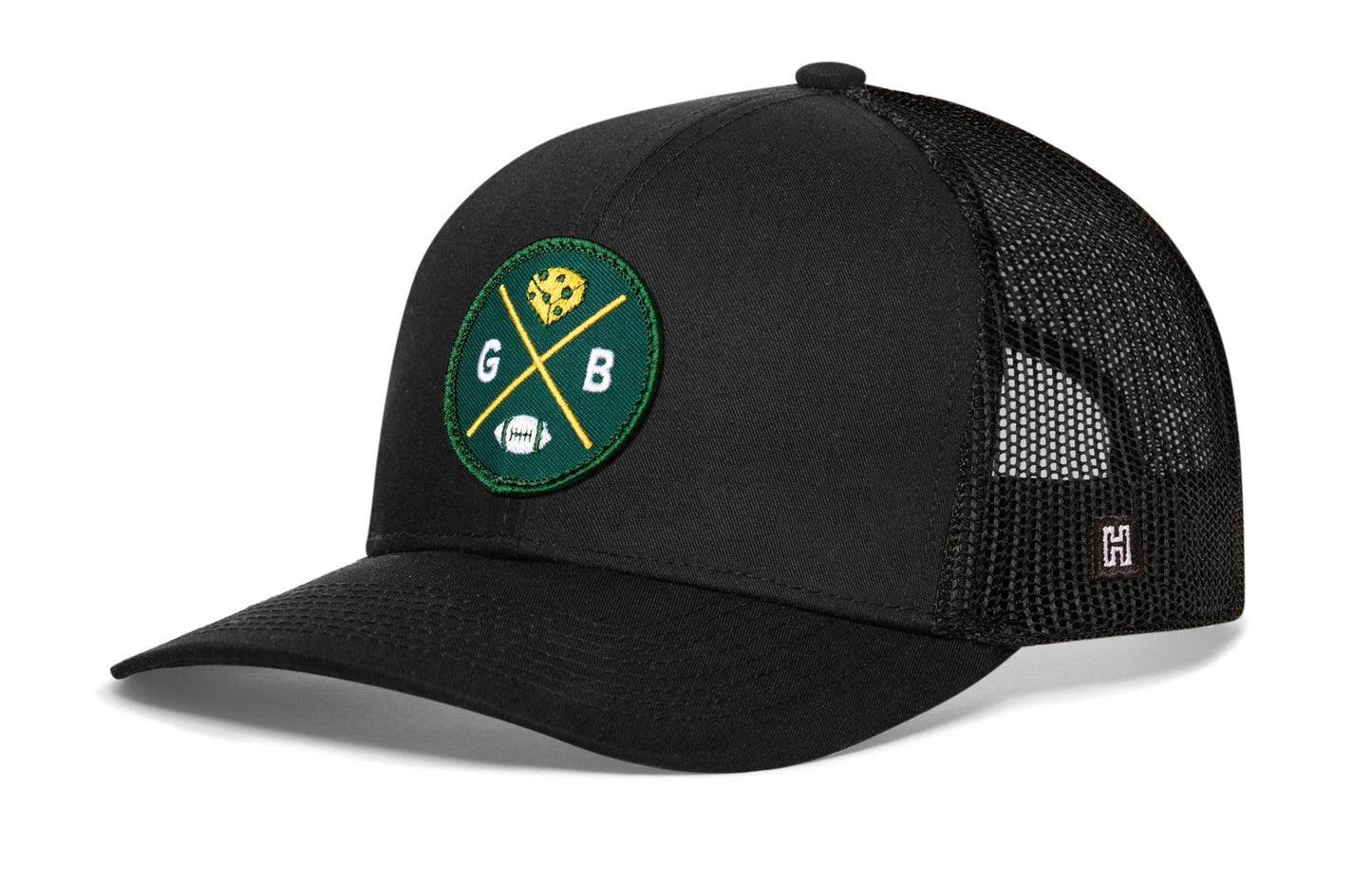 Green Bay Trucker Hat  |  Black GB Cheese X Football Snapback