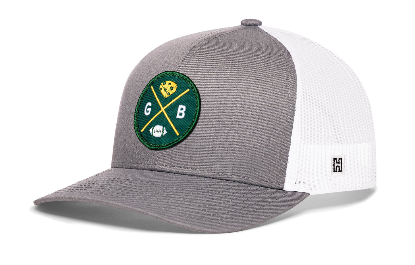 Green Bay Trucker Hat  |  Gray-White GB Cheese X Football Snapback