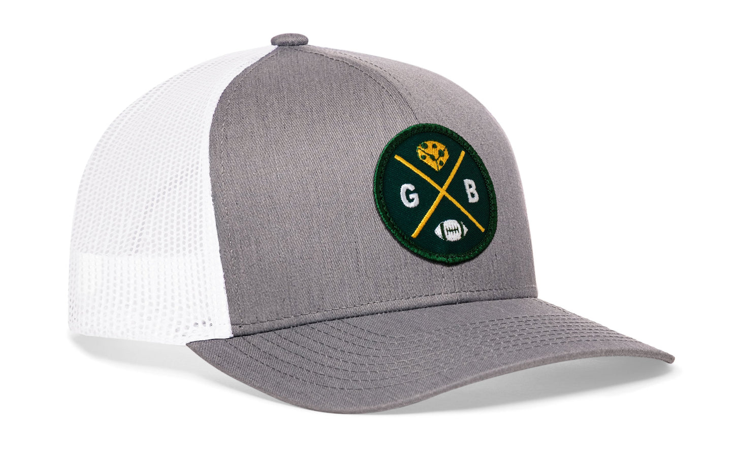 Green Bay Trucker Hat  |  Gray-White GB Cheese X Football Snapback