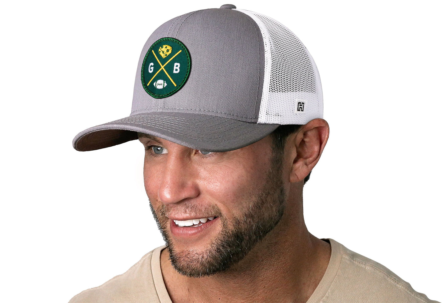 Green Bay Trucker Hat  |  Gray-White GB Cheese X Football Snapback