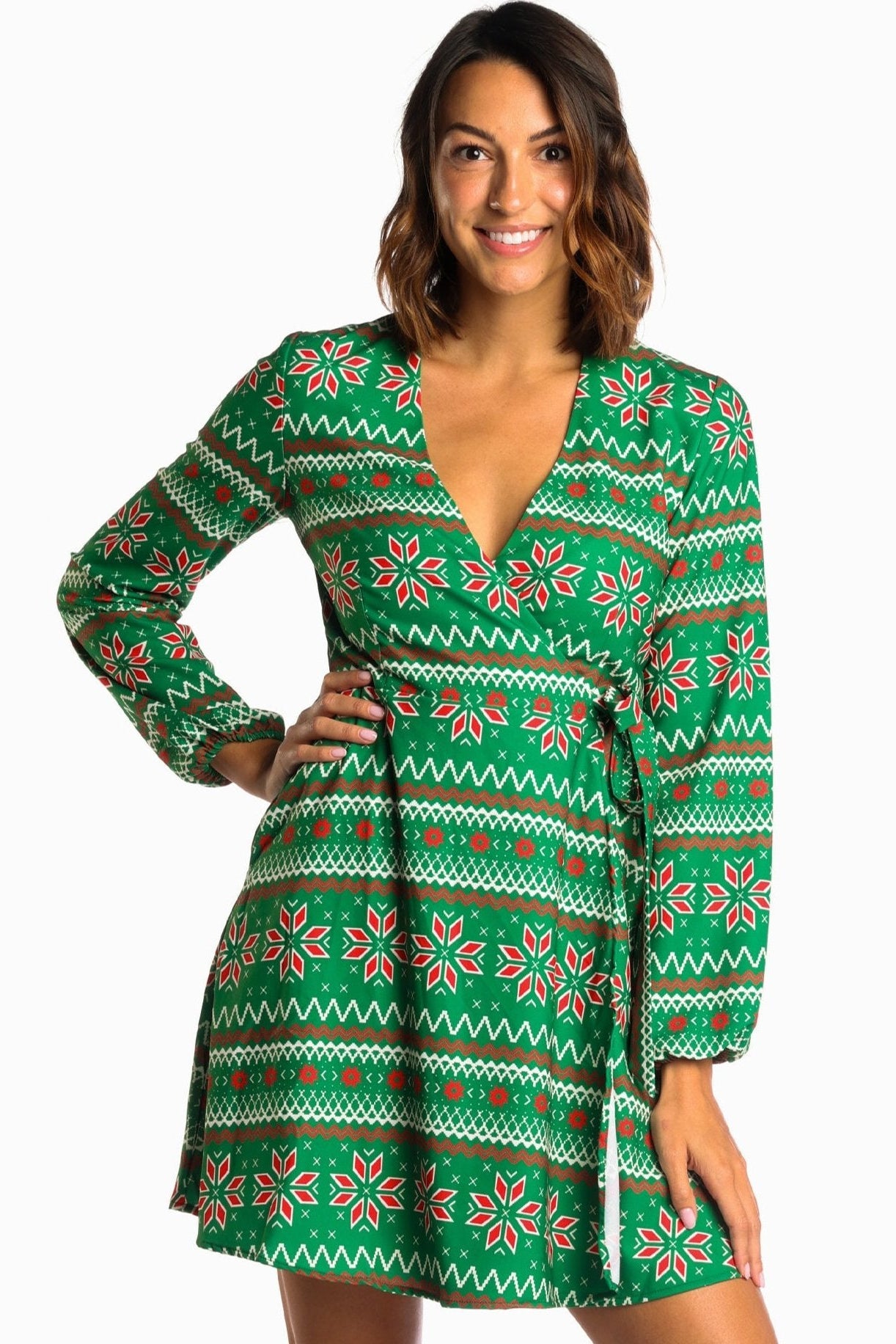 The Kris Kringle | Green Fair Isle Christmas Wrap Dress