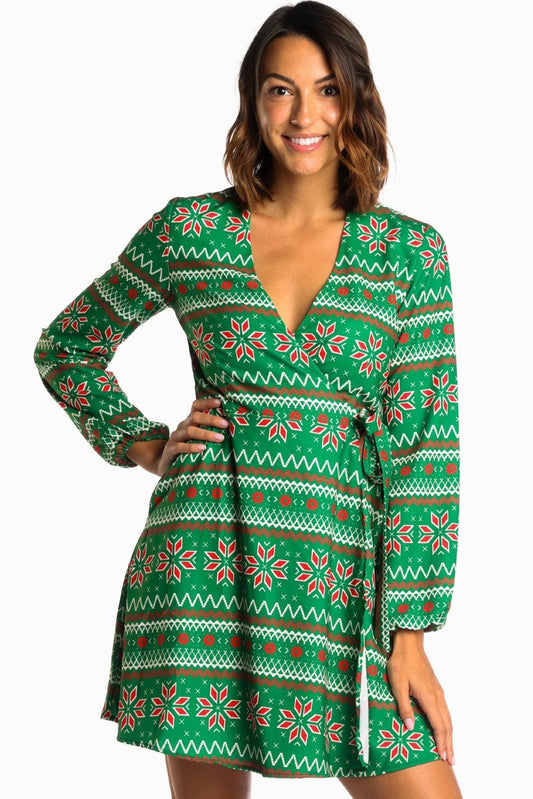 The Kris Kringle | Green Fair Isle Christmas Wrap Dress