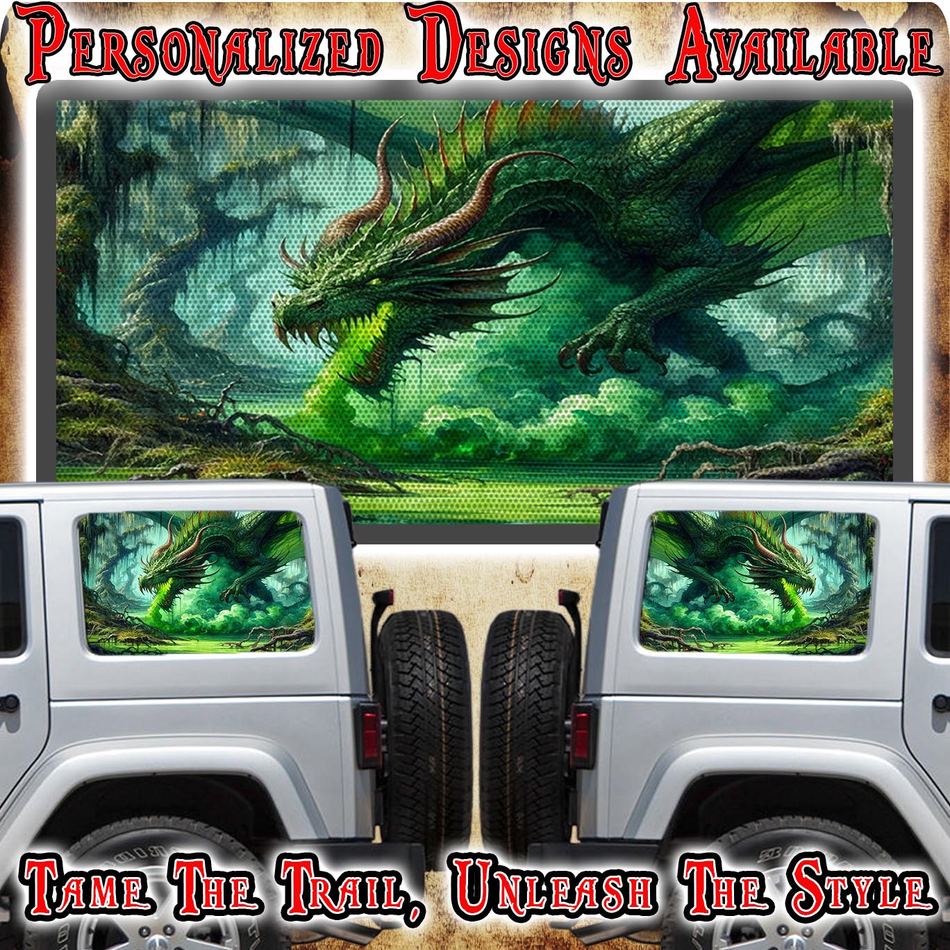 Green dragon patch Rear quarter window see through graphic.
