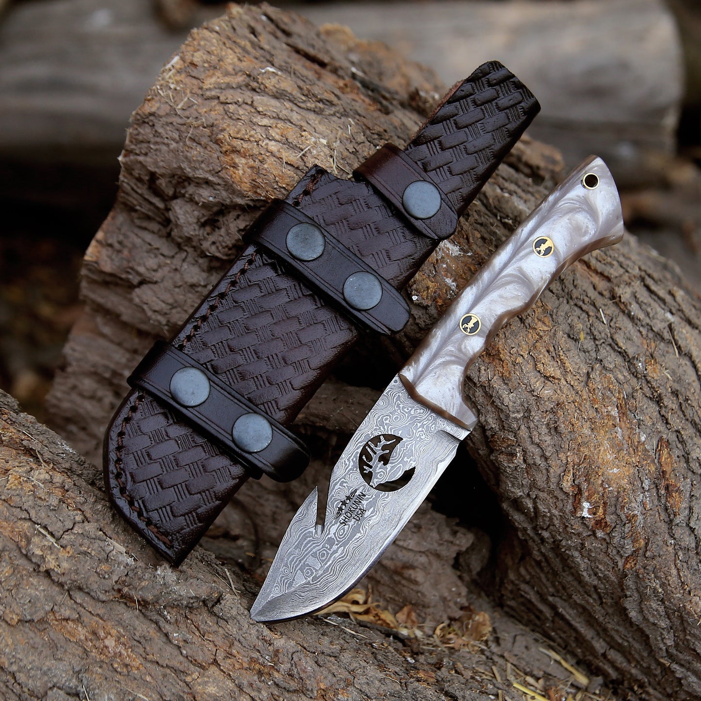 Fusion Gut Hook Hunting Knife with Mother of Pearl Handle