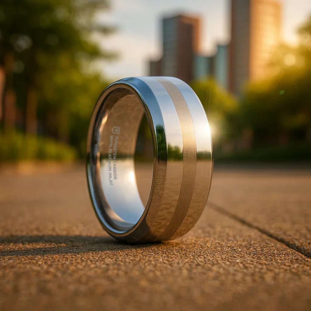 HALSTEN Platinum Inlaid Beveled Tungsten Carbide Wedding Ring - 6mm & 8mm