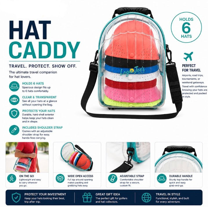 Hat Caddy Travel Case | Hard Shell Hat Carrier Holds Up to 8 Hats | Clear Protective Hat Storage Case with Adjustable Shoulder Strap