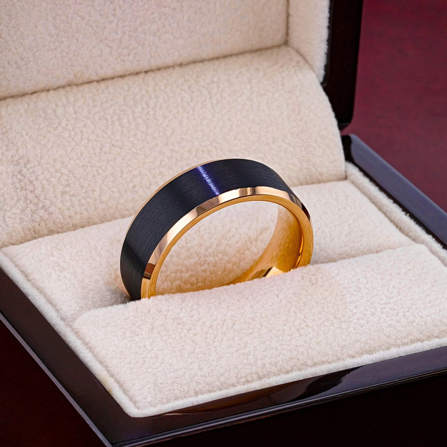 HAYDEN Rose Gold Plated Tungsten Beveled Ring with Brushed Black Center, Comfort Fit (6mm & 8mm)