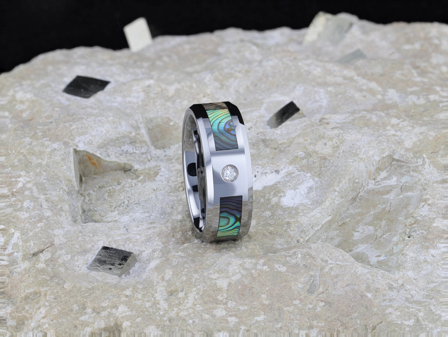 HONOLULU Mother of Pearl Inlay Tungsten Carbide Ring with Beveled Edges and White Diamond - 8mm