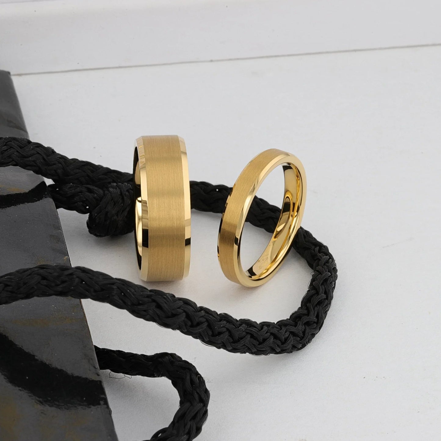 HONOR Gold-Plated Tungsten Beveled Edge Flat Ring with Brushed Center – 6mm & 8mm