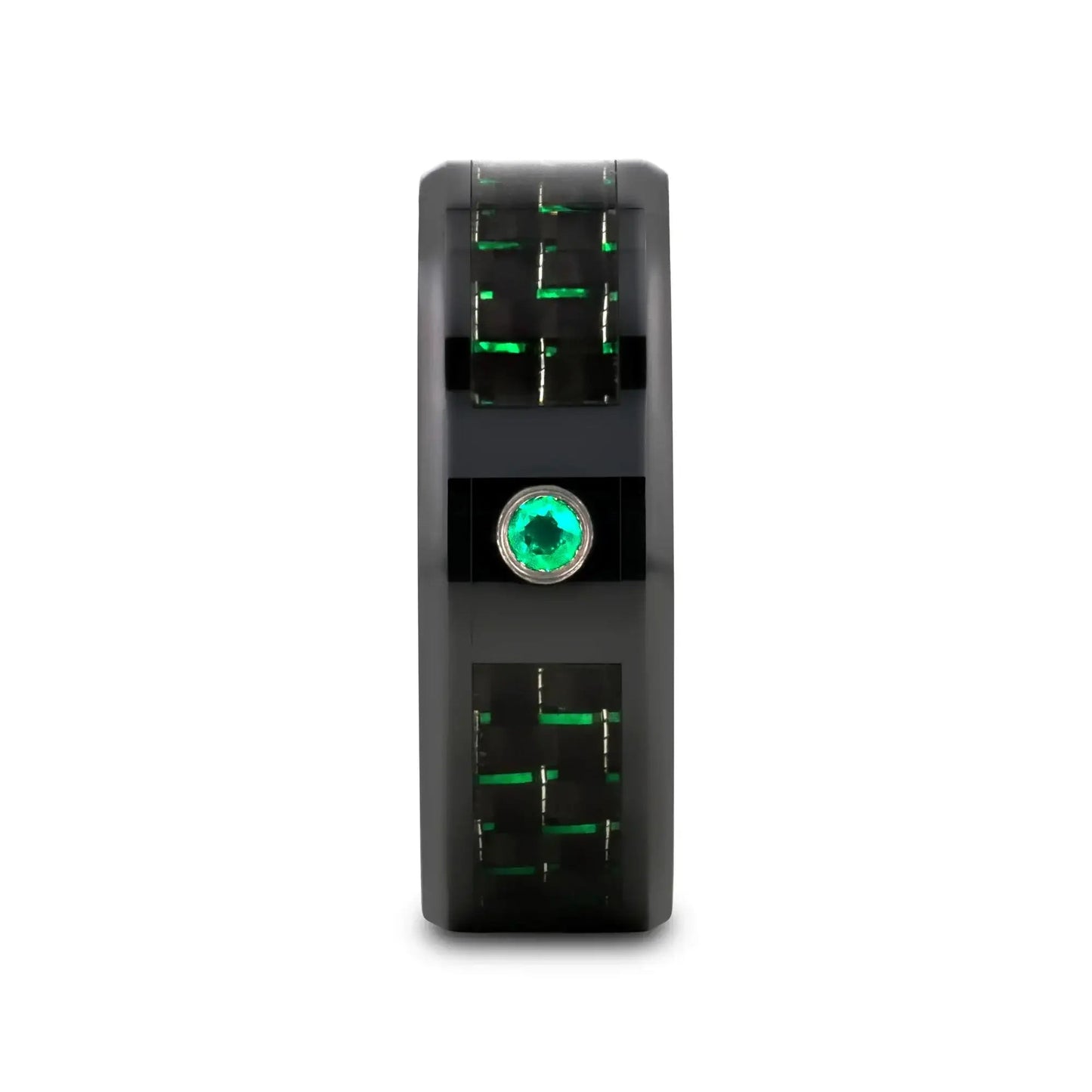 HADAR Black Ceramic Ring with Black and Green Carbon Fiber and Green Emerald Setting - 8mm