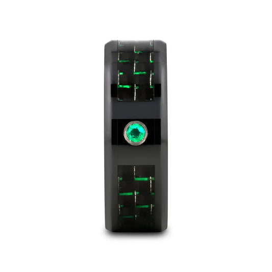 HADAR Black Ceramic Ring with Black and Green Carbon Fiber and Green Emerald Setting - 8mm