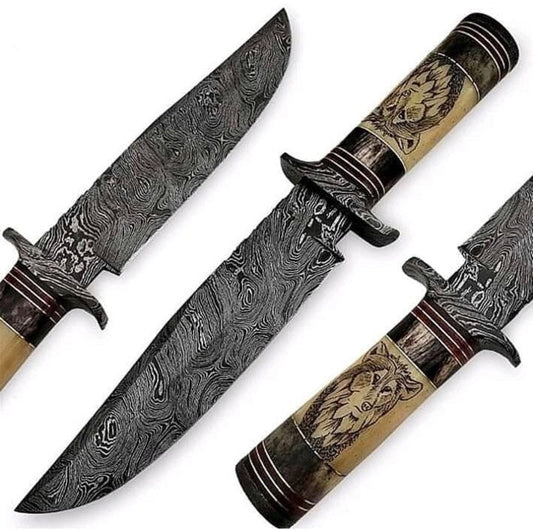 Hand Engraved Bowie Knife with Leather Sheath for Sale – Custom Handmade Damascus Steel Blade, Bone & Buffalo Horn Handle with Damascus Guard | 13-Inch Hunting Knife – KBS Knives