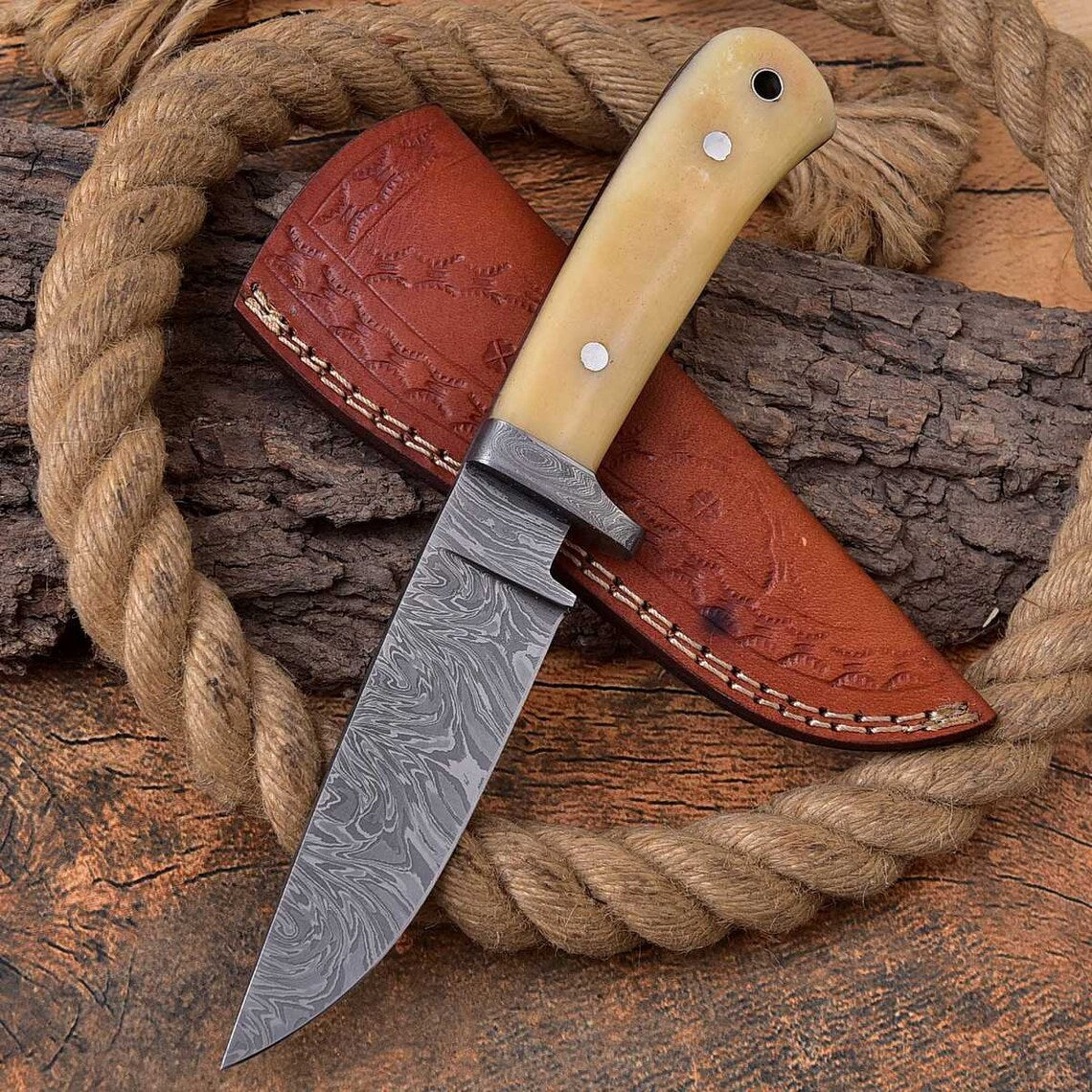 Custom Handmade Full Tang Hunting Knife with Fire Pattern Damascus Steel Blade, Bone Handle, and Leather Sheath - 8.75 Inches