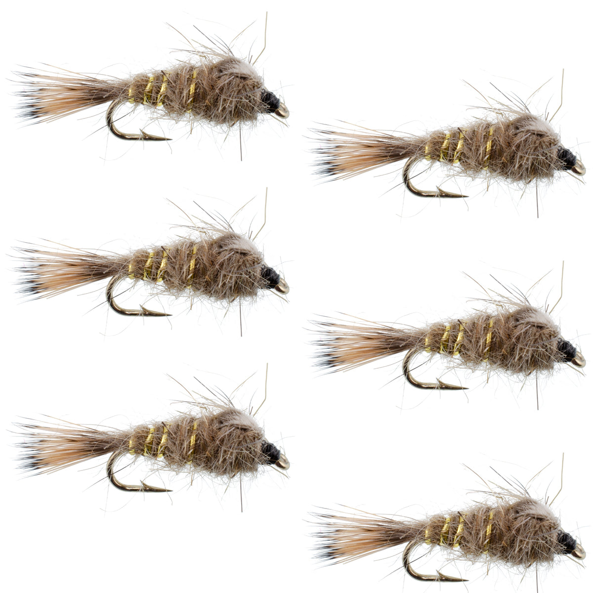 Classic Weighted Gold Ribbed Hares Ear Nymph - Set of 6 Flies - Size 10