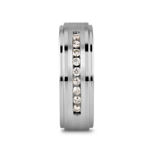 HARPER Tungsten Wedding Band with Raised Center & Brushed Silver Inlay and 9 Channel Set White Diamonds - 8mm