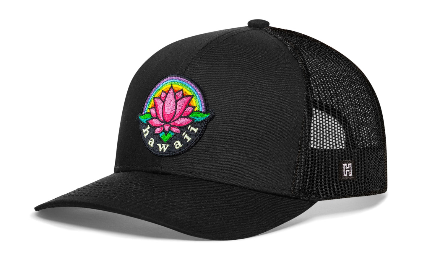 Hawaii Aloha Trucker Hat  |  Black HI Flower Snapback