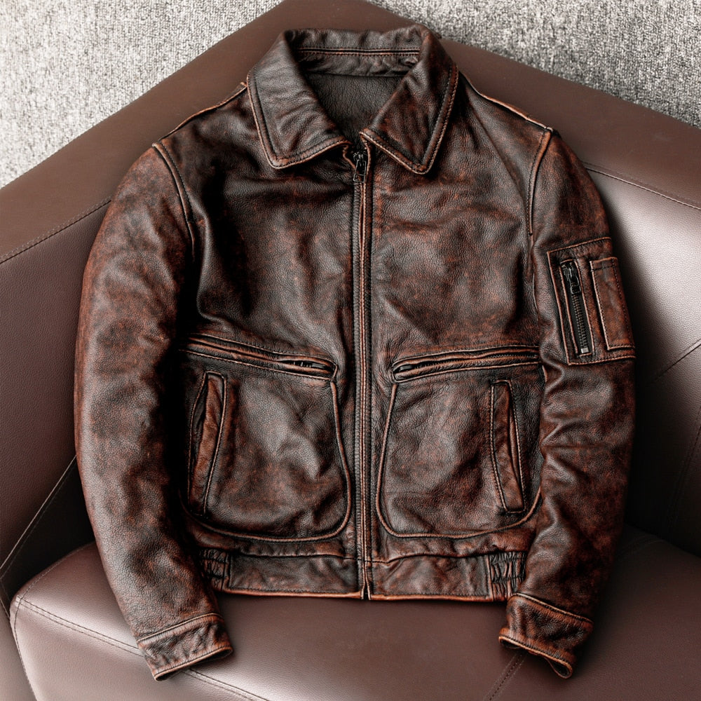 Vintage Genuine Cowhide Leather Jacket Men