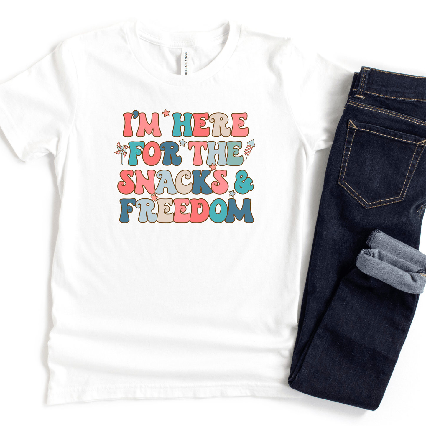 Here for the Snacks & Freedom Patriotic Kids T-Shirt