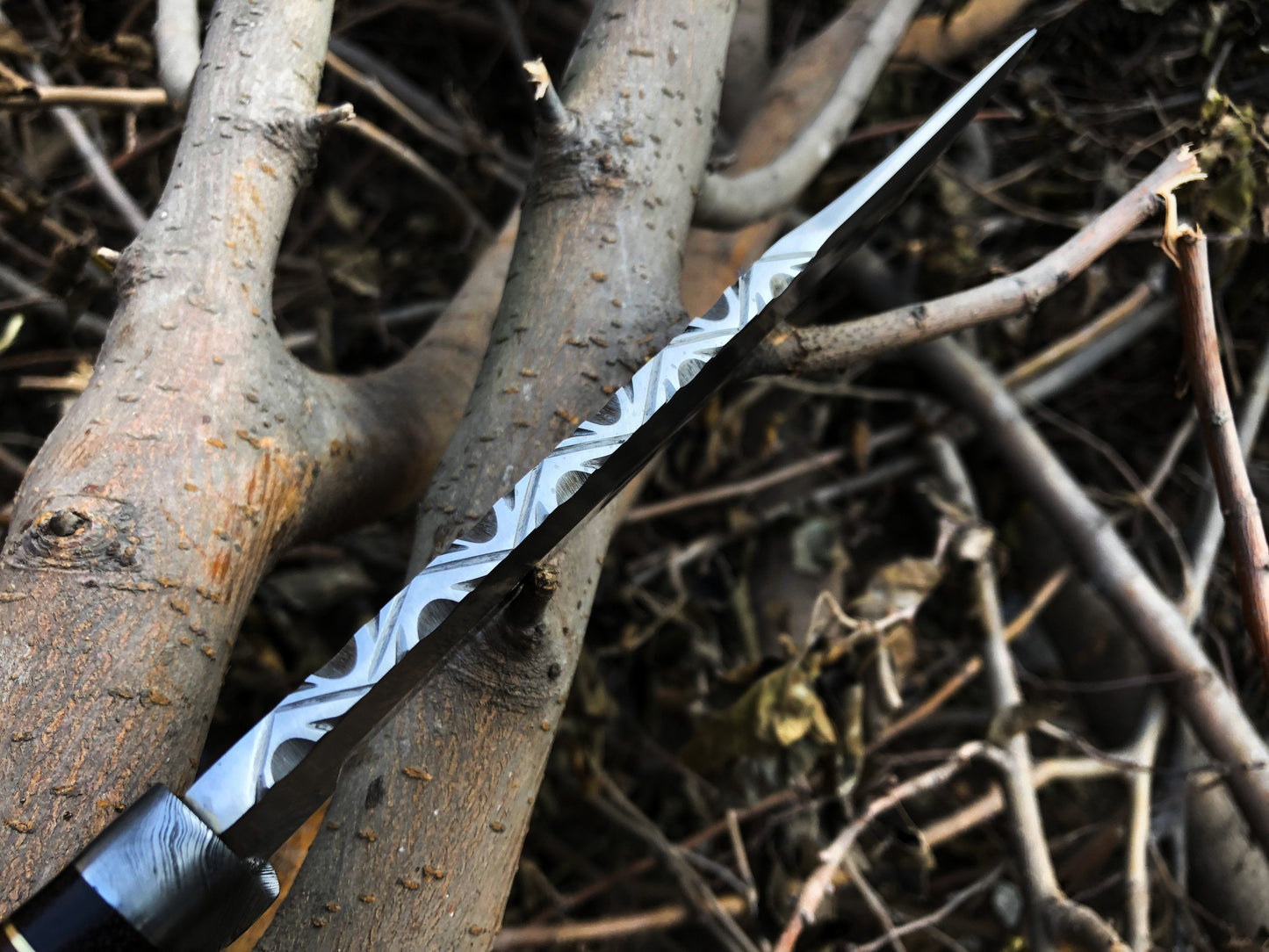 Custom Handmade D2 Steel Bowie Knife – 14-Inch Blade with Bone & Colored Wood Handle, Damascus Guard & Leather Sheath | Perfect for Hunting – KBS Knives