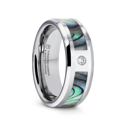 HONOLULU Mother of Pearl Inlay Tungsten Carbide Ring with Beveled Edges and White Diamond - 8mm