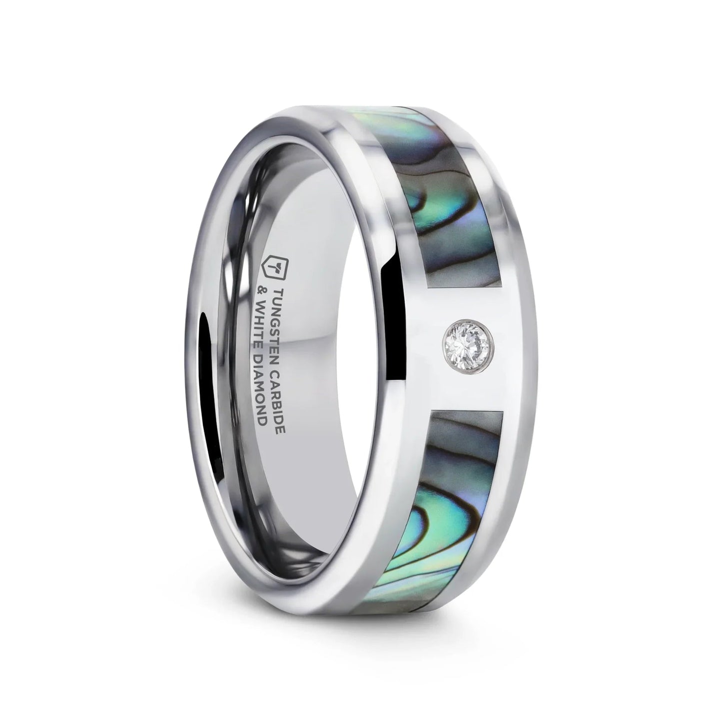 HONOLULU Mother of Pearl Inlay Tungsten Carbide Ring with Beveled Edges and White Diamond - 8mm