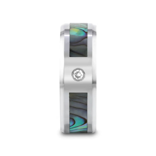 HONOLULU Mother of Pearl Inlay Tungsten Carbide Ring with Beveled Edges and White Diamond - 8mm