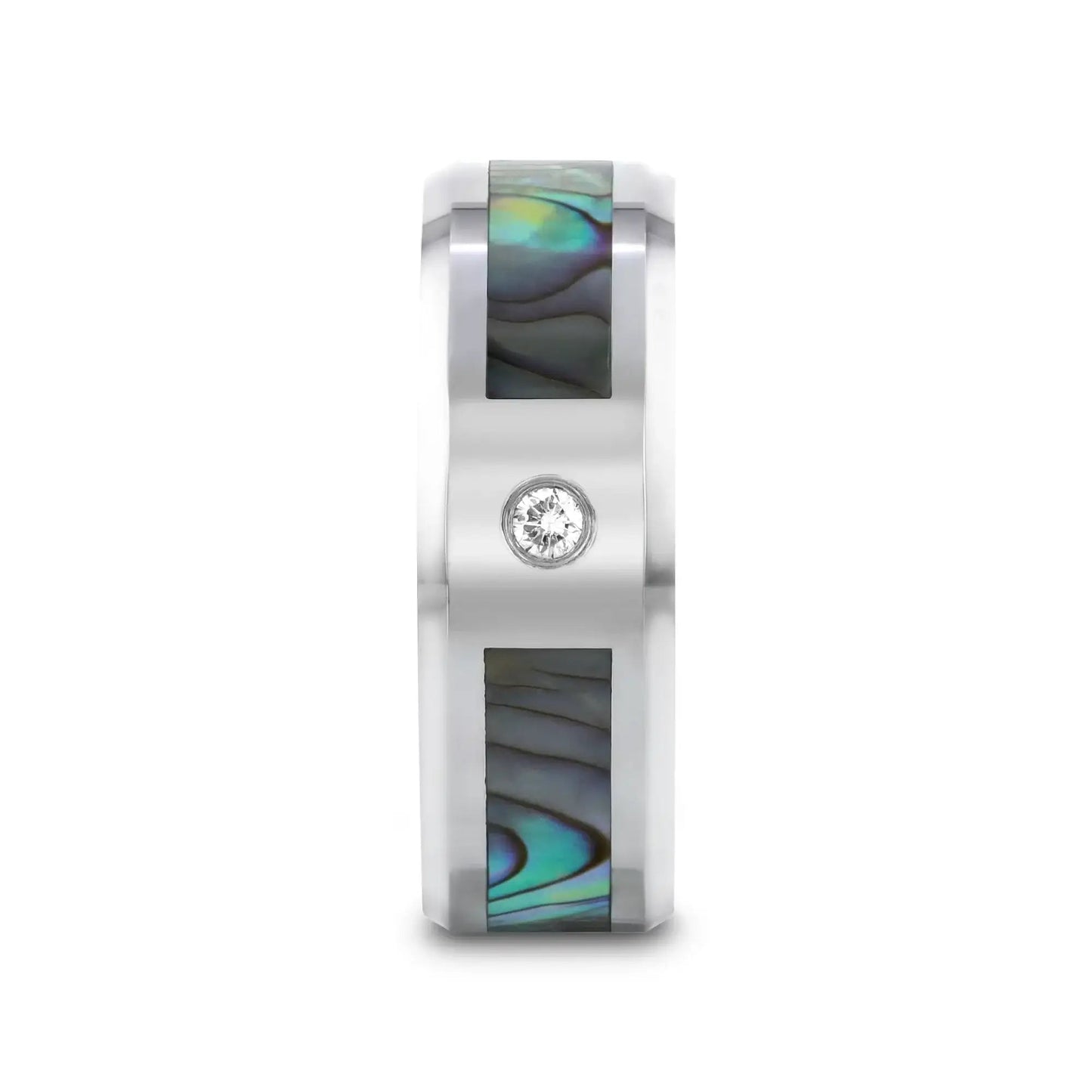 HONOLULU Mother of Pearl Inlay Tungsten Carbide Ring with Beveled Edges and White Diamond - 8mm