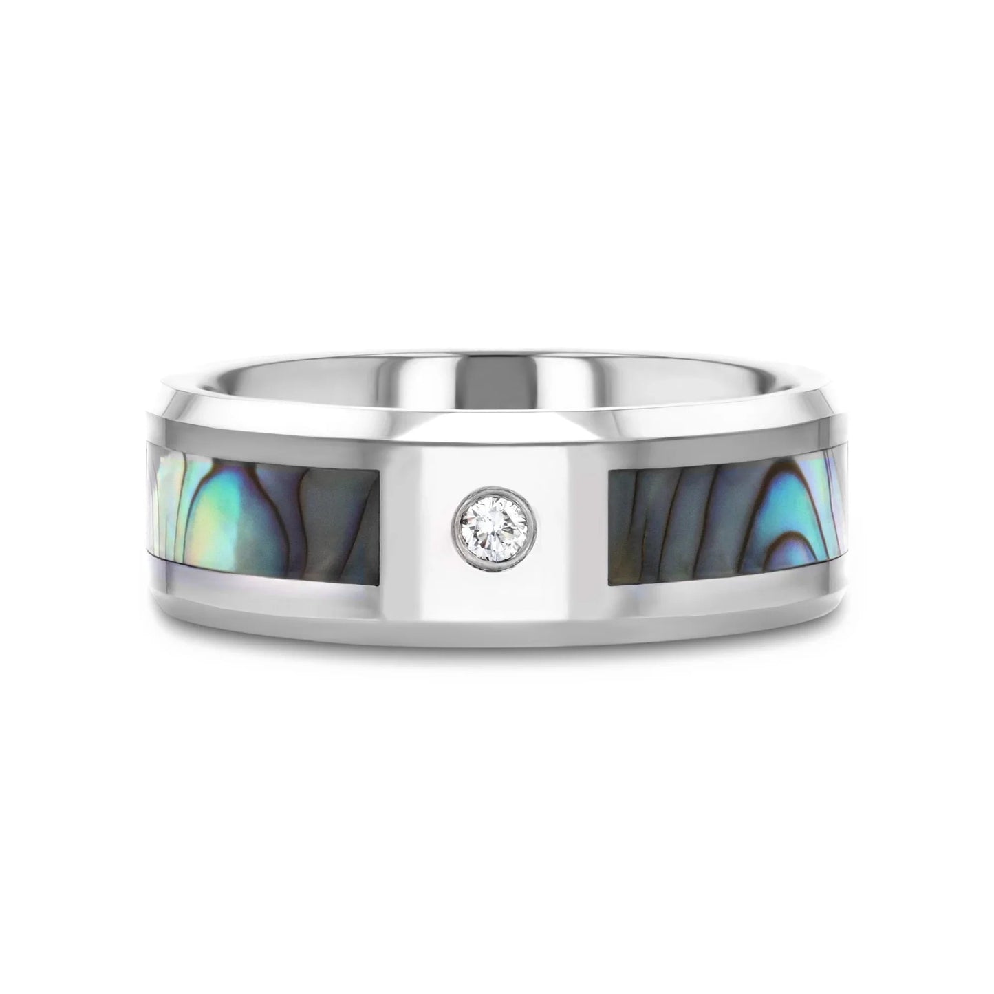 HONOLULU Mother of Pearl Inlay Tungsten Carbide Ring with Beveled Edges and White Diamond - 8mm