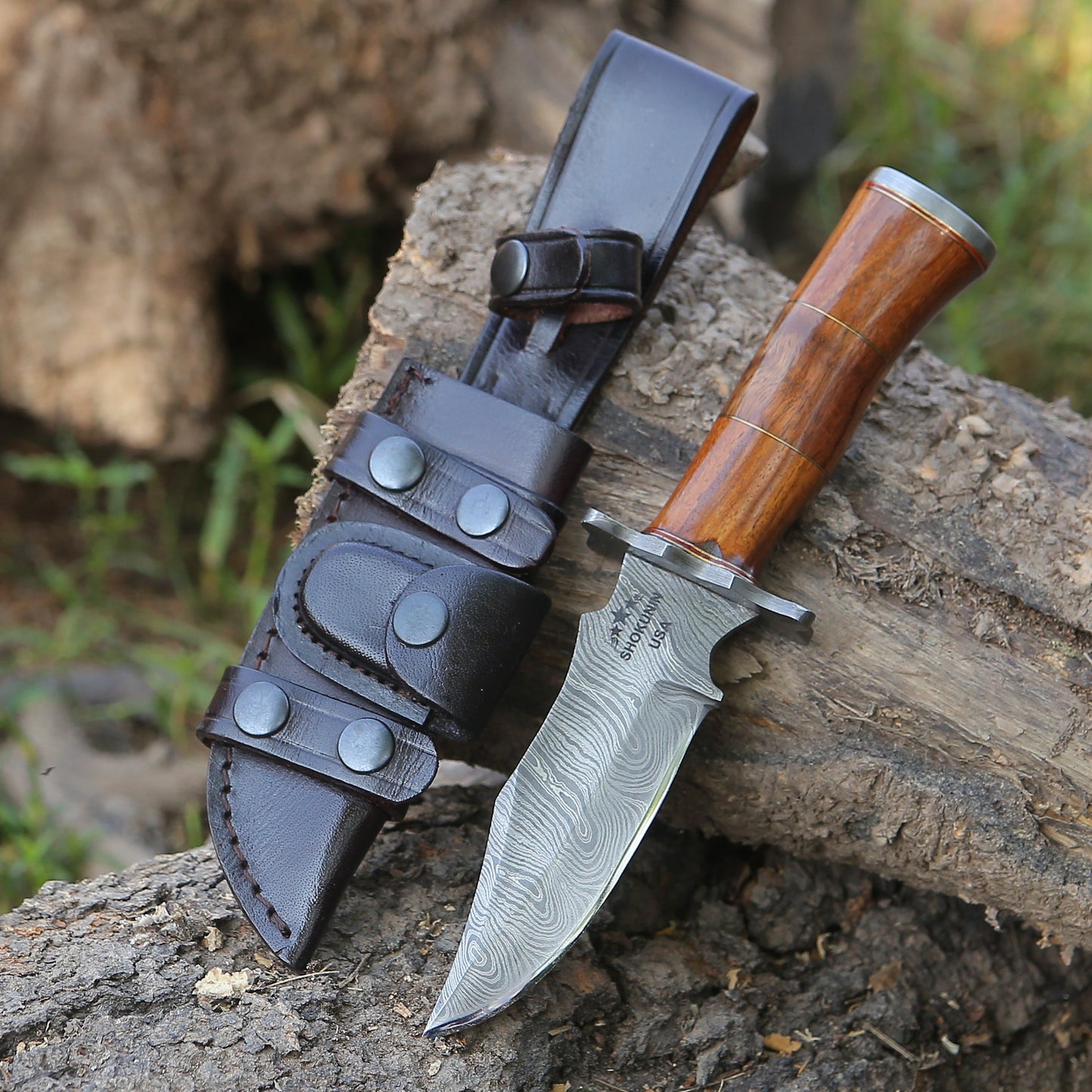 Hornet Custom Damascus Hunting Knife with Exotic Rose Wood Handle & Sheath