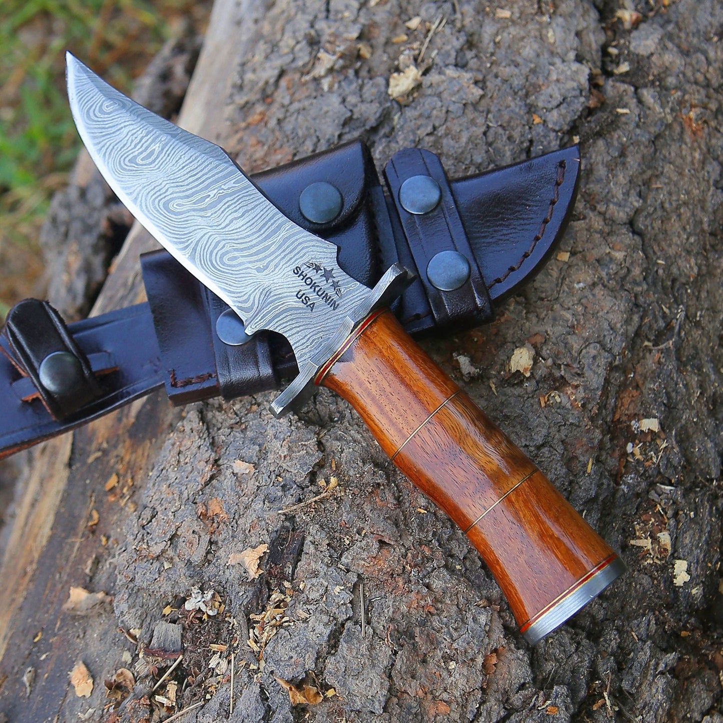Hornet Custom Damascus Hunting Knife with Exotic Rose Wood Handle & Sheath
