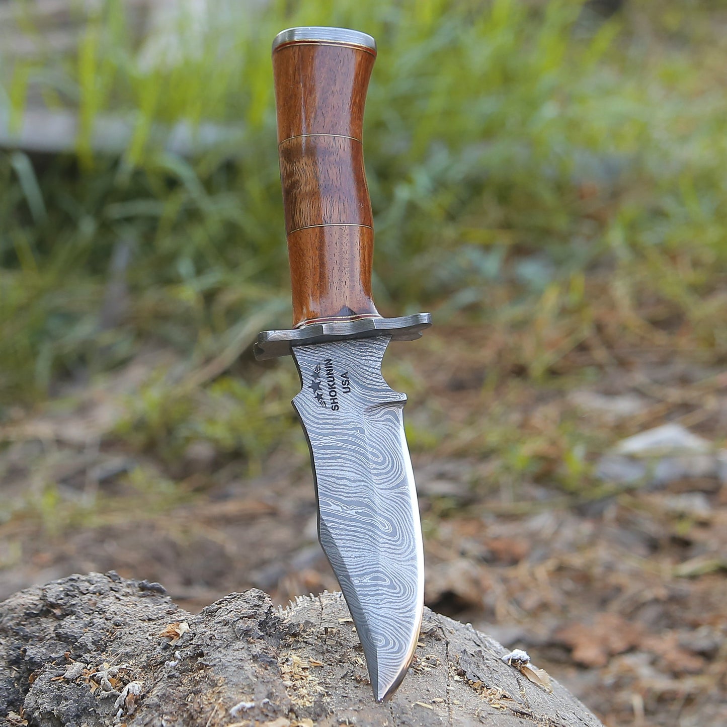 Hornet Custom Damascus Hunting Knife with Exotic Rose Wood Handle & Sheath