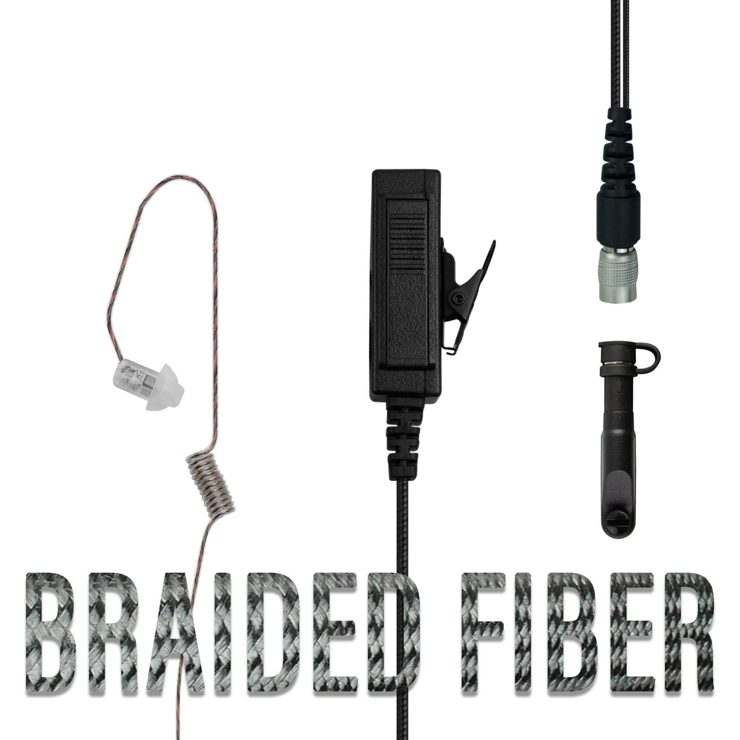 Braided Fiber Tactical Mic & Invisible Series Tubeless Earpiece Complete Kit w/ Quick Disconnect (Hirose) - Harris/Tait TP3000/7110/7100/8000/9000 Series