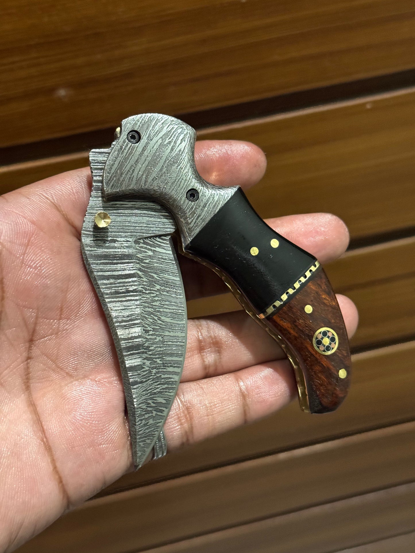 Damascus Handmade Custom Folding Pocket Knife with Buffalo Horn and Rosewood Handle, 3.2-inch Blade Length