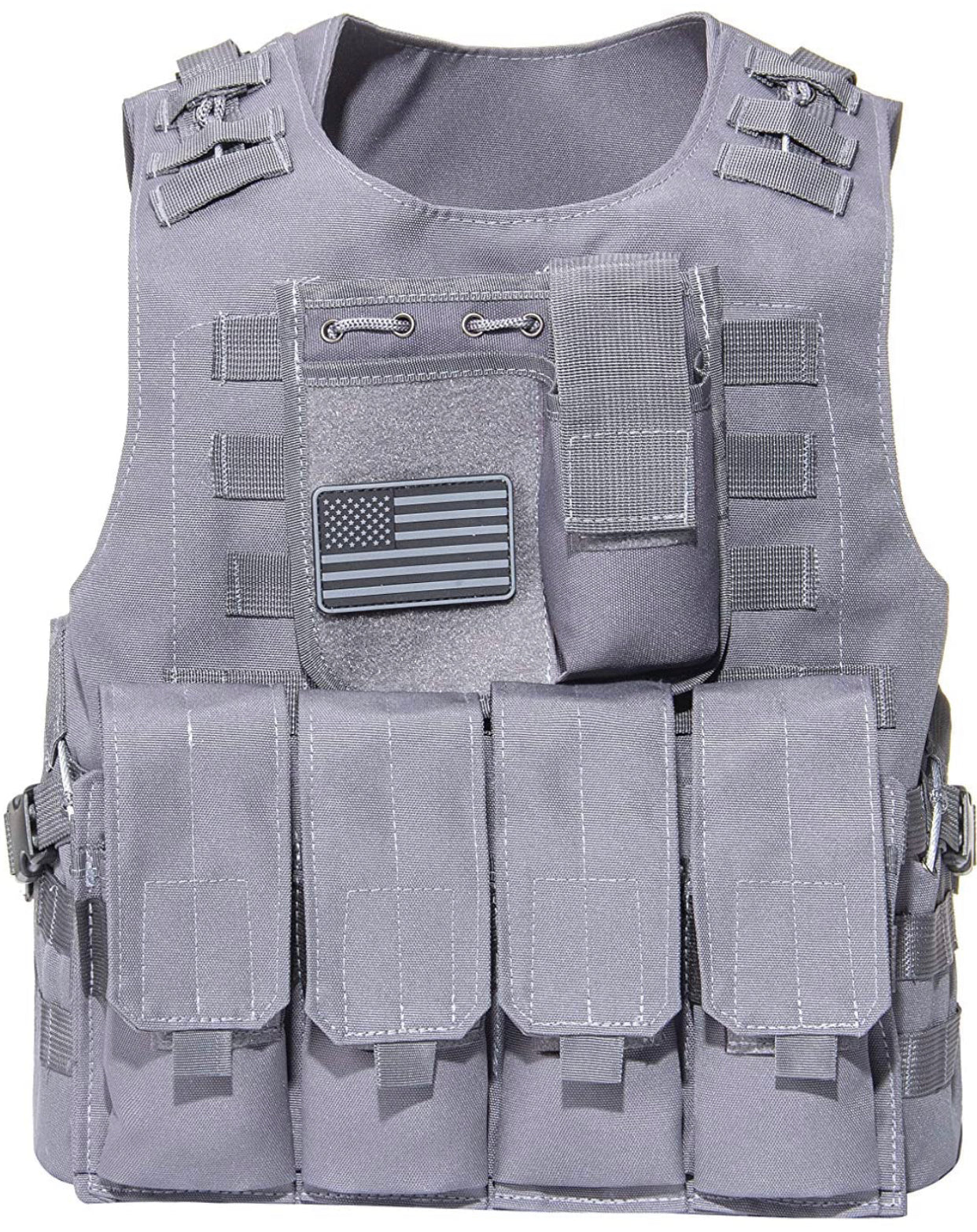 Kids Airsoft Tactical Plate Carrier Vest with Free US Flag Patch, Mil Spec 1000D Nylon PALS Molle Modular w/ 4 Mag Pouches, Side Pouch, Chest Mag Pouch