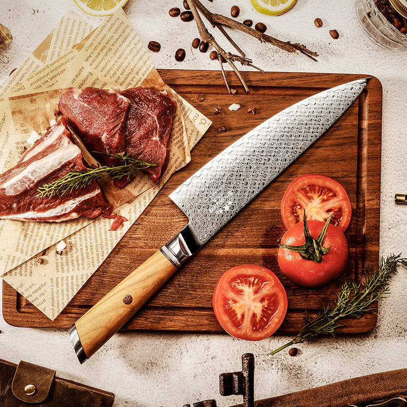 HyperEdge Damascus Chef Knife with Pine Cone Handle & Sheath