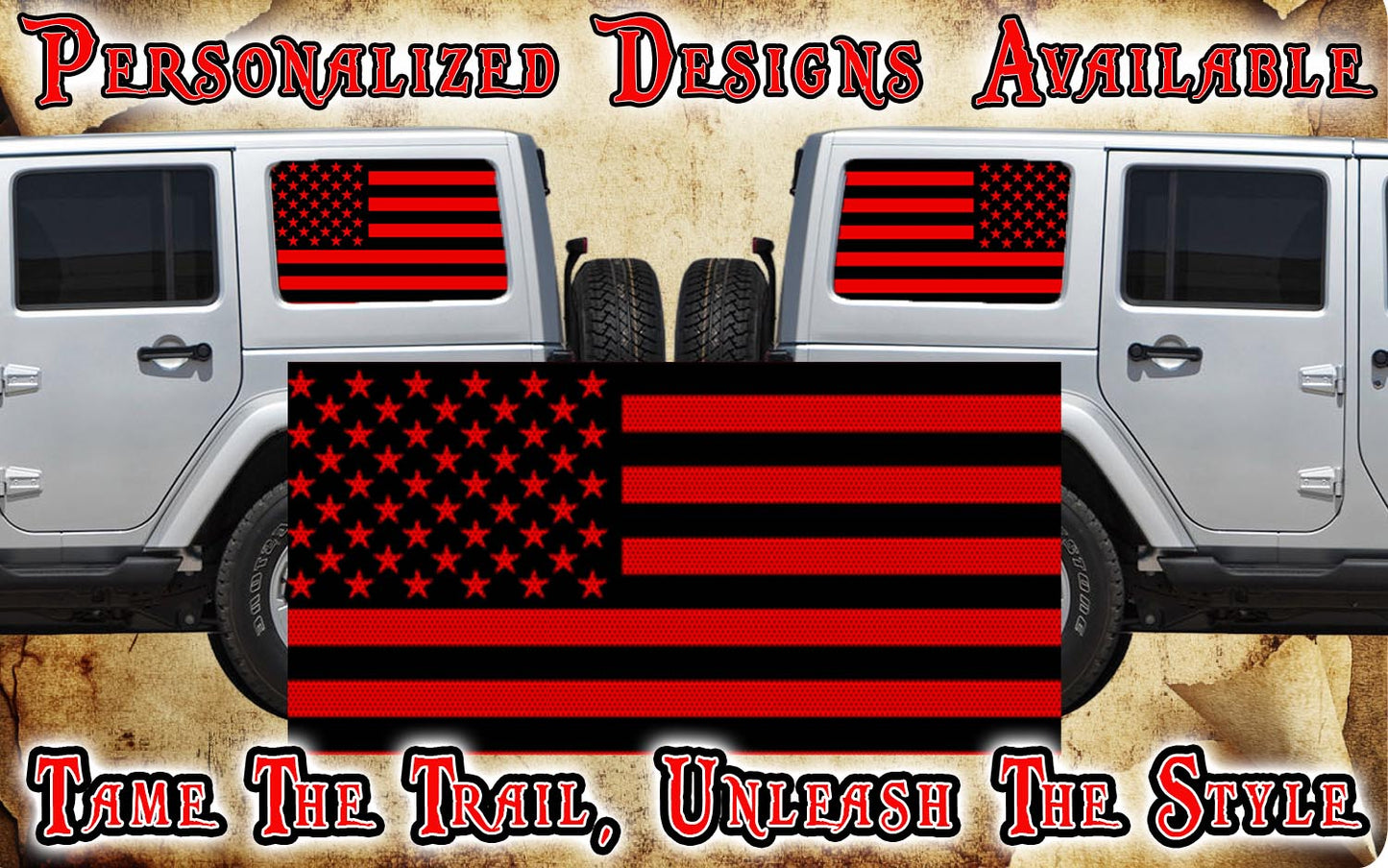 American flag black Rear quarter window see through graphic.