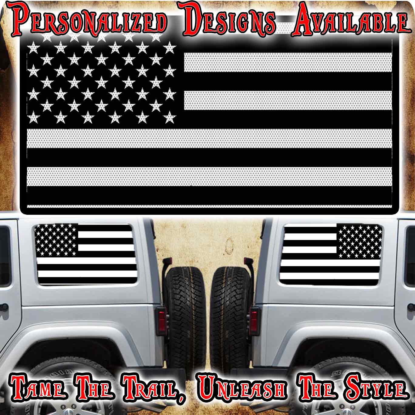 American flag black Rear quarter window see through graphic.