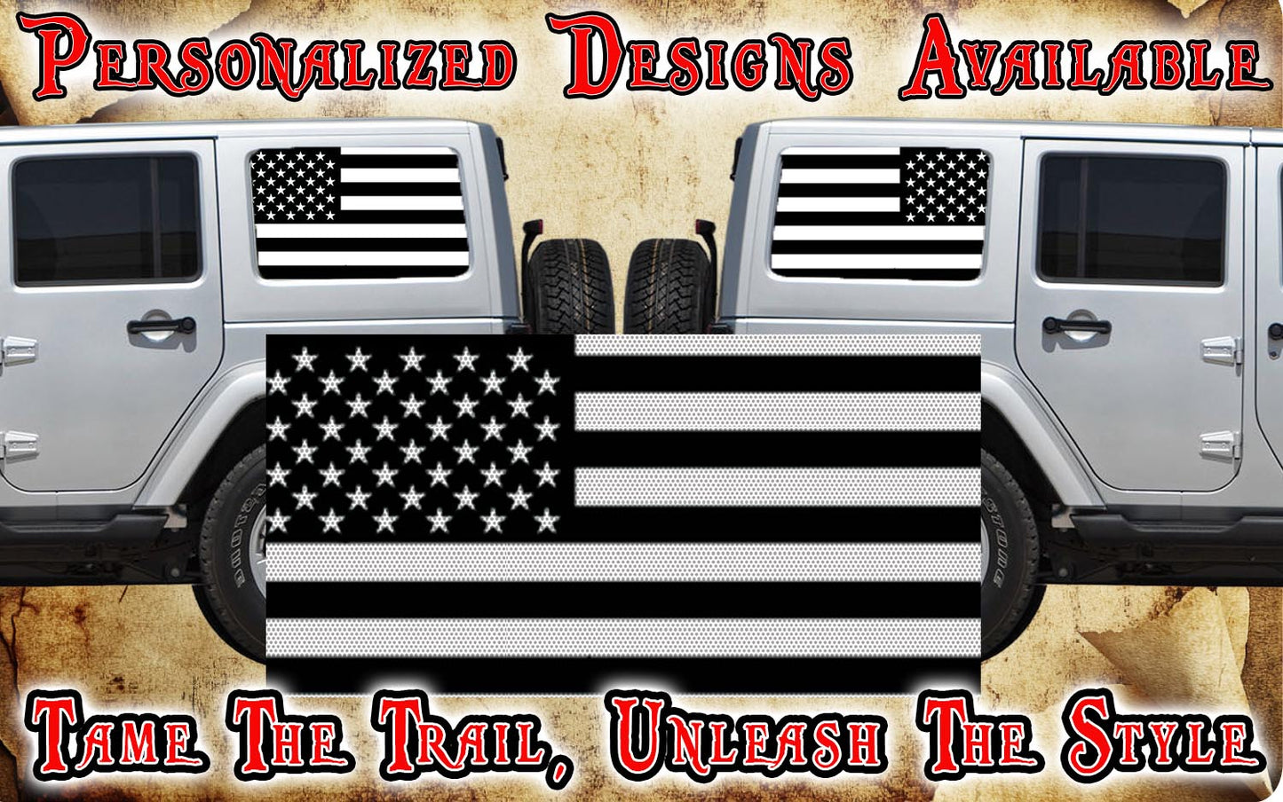 American flag black Rear quarter window see through graphic.