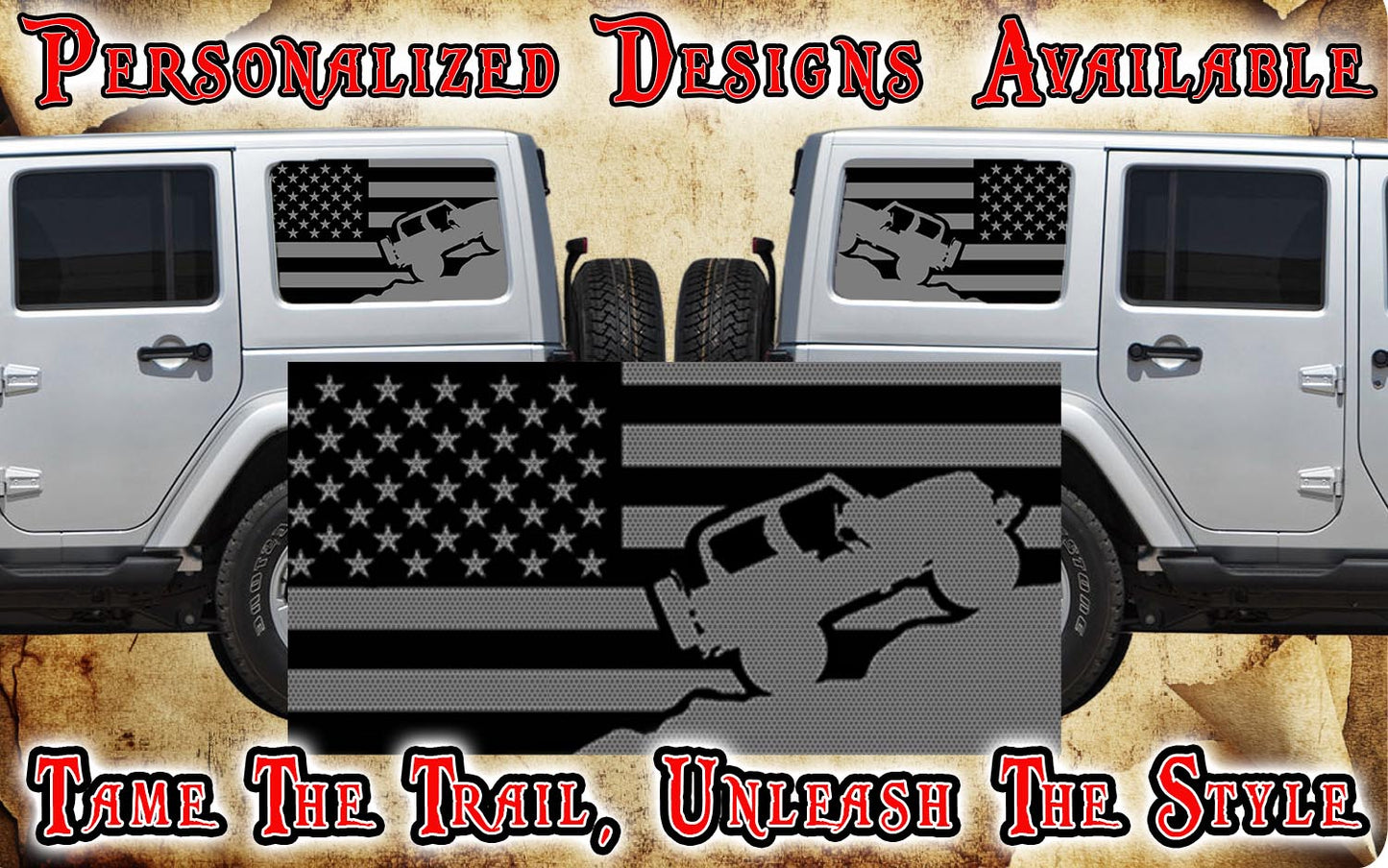 rock crawler American flag black Rear quarter window see through graphic.